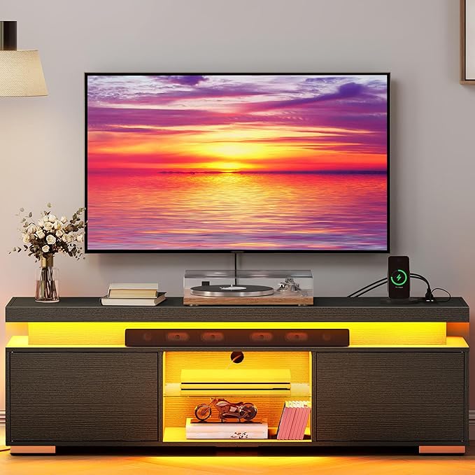 YITAHOME Black TV Stand for 65 inch TV Entertainment Center with Storage Modern LED TV Stand w/Power Outlets for Living Room TV Console Media Cabinet Black