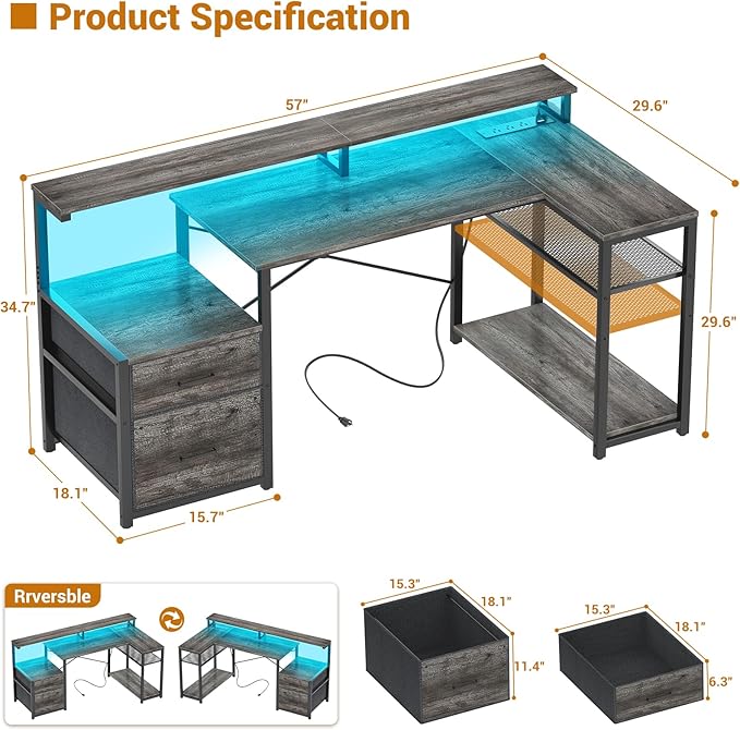 Aheaplus L Shaped Desk with File Drawer Reversible L Shaped Computer Desk Gaming Desk with Power Outlet &amp LED Strip Home Office Desk with Monitor Shelf Corner Desk with Storage Shelves Grey Oa