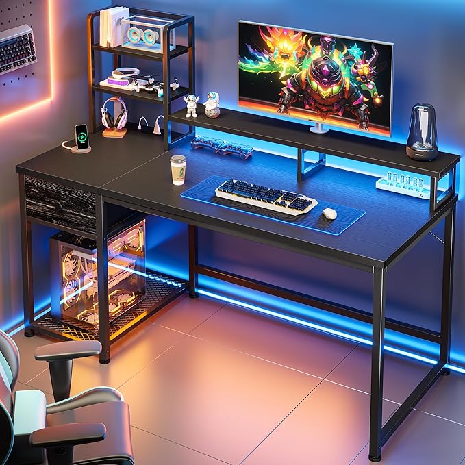44 Inch Gaming Desk with Hutch and DrawersReversible Computer Desk with Monitor ShelfHome Office Desks with USB Power Outlets and StoragePc Small Gaming Desk for Office with LED LightsBlack