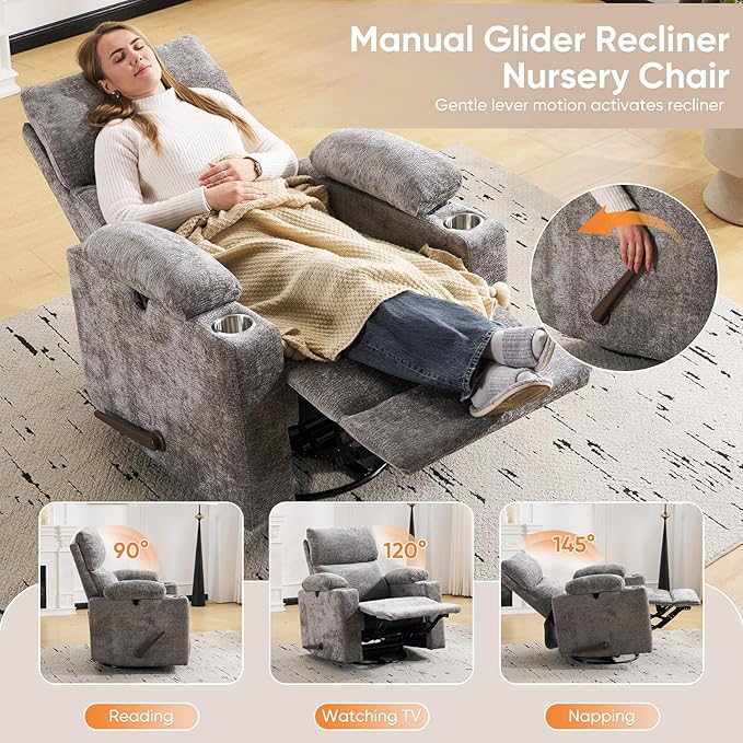 Swivel Rocker Recliner with Adjustable Armrests Rocking Nursery Chair with Adjustable Headrest Cup Holder Manual Recliner Nursing Chair for Breastfeeding Chenille Dark Grey