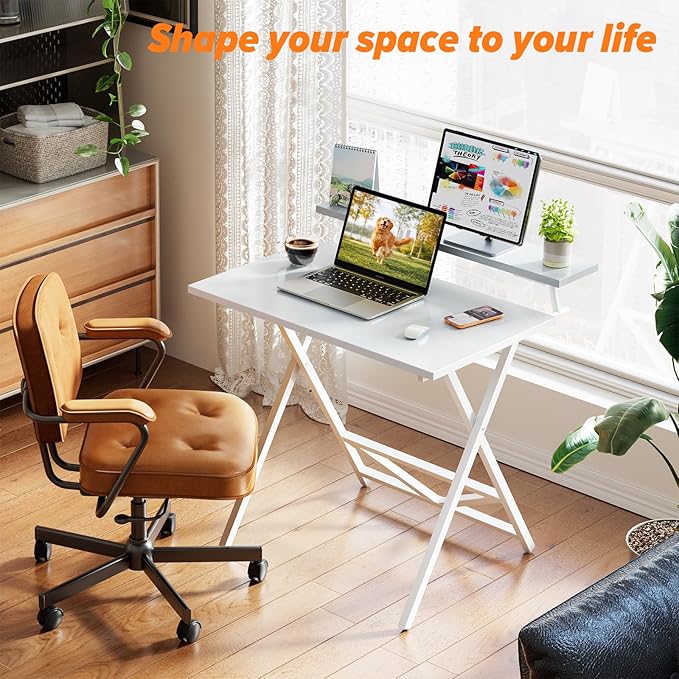 WOHOMO Folding Computer Desk with Adjustable Height 23.6 x 31.5 x 25.6 Foldable Table with Monitor Stand Small Office Desk for Bedroom Space Saving Desk for Home Office Easy Assemble White