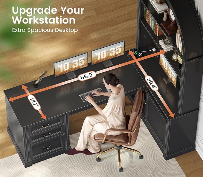 SEDETA 67 L Shaped Desk with Tall Arched Bookshelf Mid-Century Office Computer Desk with 3 Drawers and Storage Shelves Corner Executive Desk with Sliding Barn Door for Home Office Black