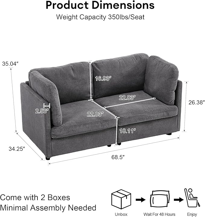 Modern Loveseat Sofa 68.5 inches Living Room Couch Dark Gray Chenille Fabric 350 lbs Weight Capacity