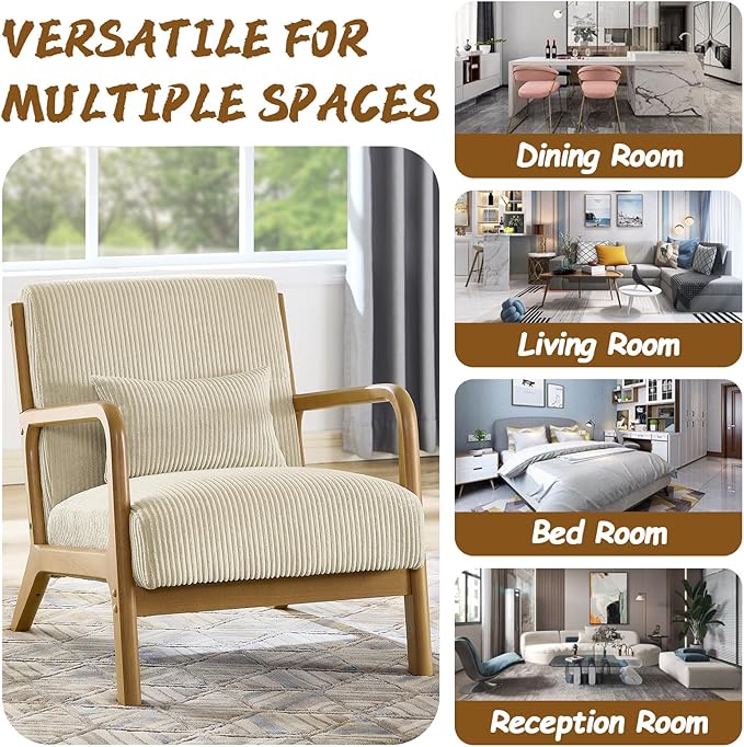 Modern Accent Chairs with Waist Cushion Comfy Upholstered Chair Living Room Corduroy Reading Chair with Solid Wood Frame Side Chairs for Living Room Bedroom Sunny Room Balcony (Beige)
