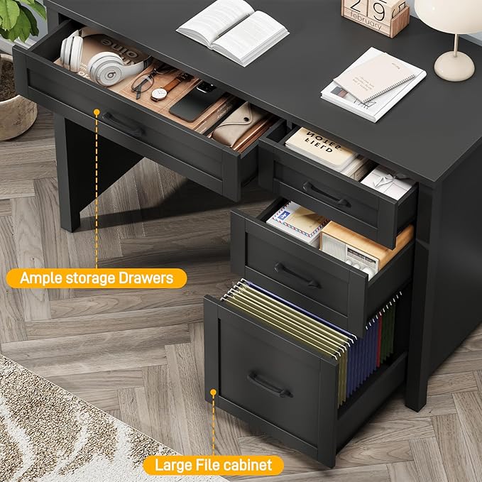 Vabches Farmhouse 47 Executive Desk Computer Desk with File Drawer and Charging Station Workstation for Home Office Study(Pure Black