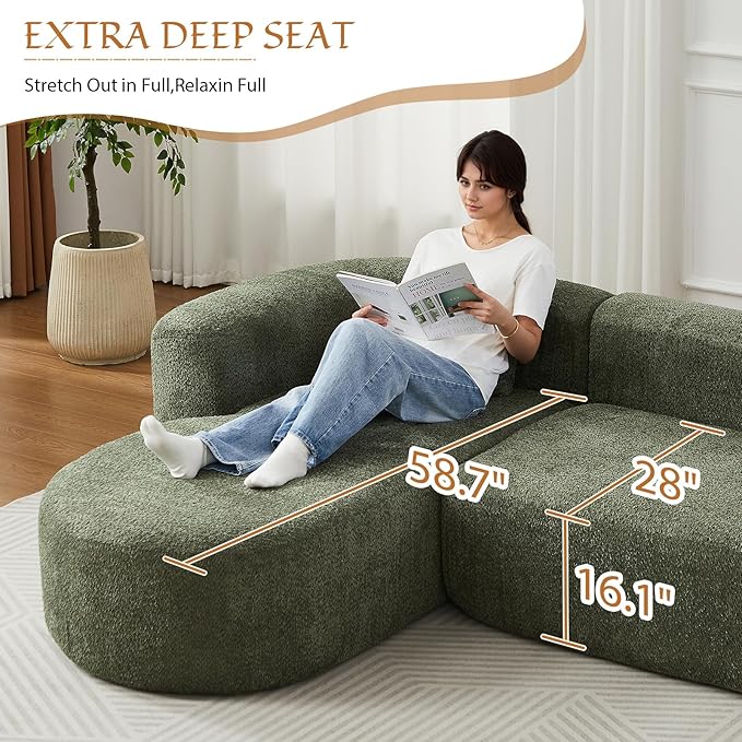 Curved Sectional Sofa with Left Chaise 109 Oversized Boneless Couches L-Shape Modern Cloud Modular Couche with Deep Seat Upholstery Chenille for Living Room No Assembly Required Green