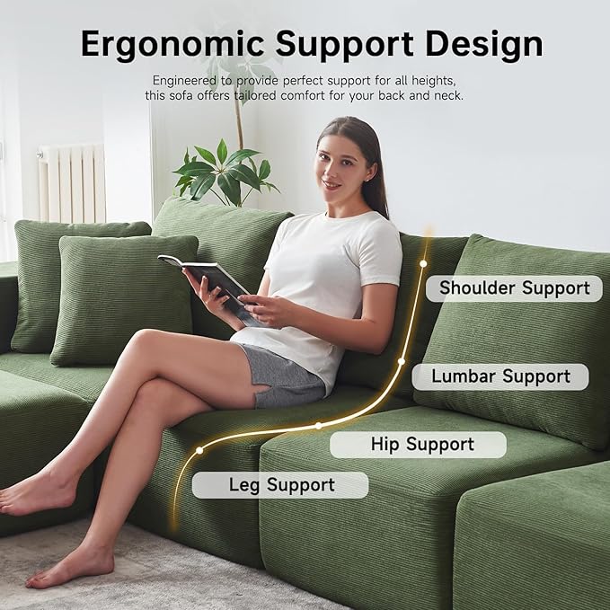 CUGOAO 152'' Modern Boneless Couch Oversized 2-in-1 Modular Sectional Sofa Bed Extra Deep Seat Upholstery Cloud Couch Boneless Couches for Living Room No Assembly Required Green Corduroy
