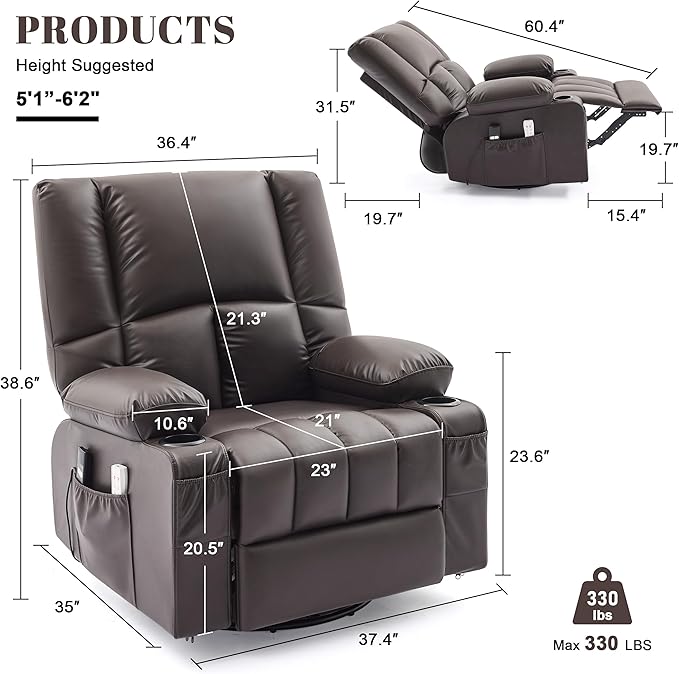 Oversized Recliner Chairs for Adults 270° Swivel Rocker Recliner with Heat and Massage Lazy Boy ReclinerRecliner Chairs Single Sofa Seat with Cup Holders (DarkbrownElectric)