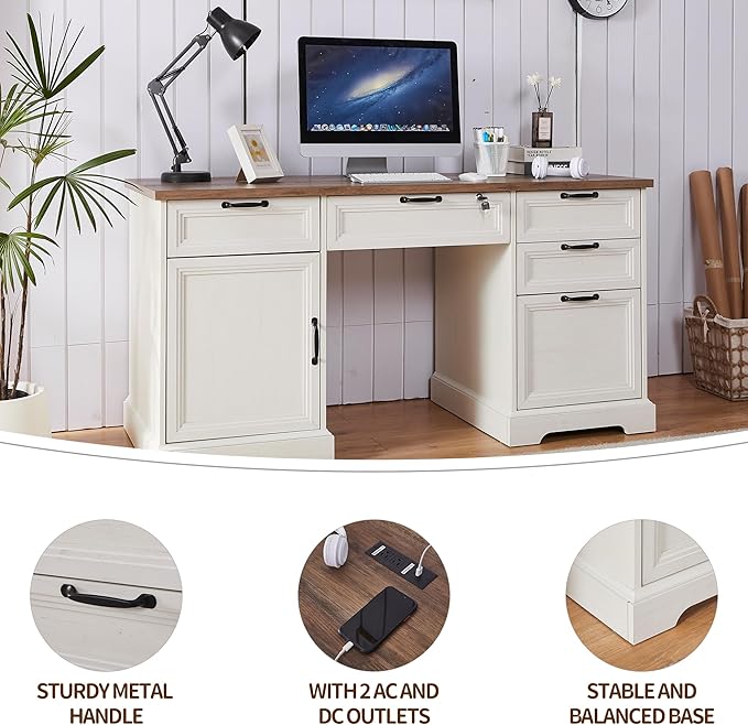 60 Farmhouse Executive Desk with Charging StationHome Office Desk with 4 Drawers &amp 1 Cabinet&amp1 File CabinetMain Drawer with LockWood Desk for Office and Home
