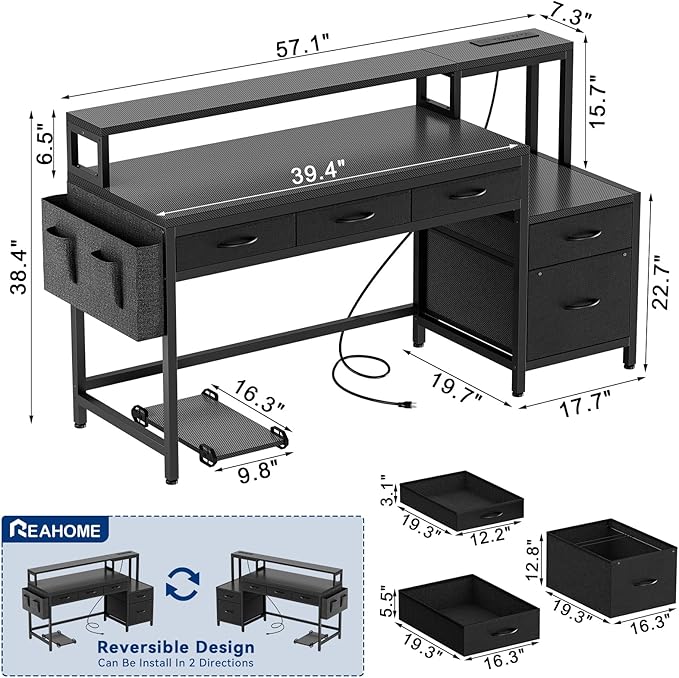 REAHOME 61 Inch Gaming Desk with Charging Station and LED Lights Reversible Computer Desk with Storage Drawer and Monitor Stand Modern Desk Table with File Cabinet &amp Side Pocket Carbon Fiber Bl
