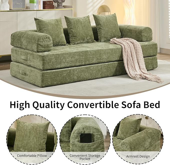 Compression Sofa Convertible Sofa Bed Modular Couch with Pillow Comfy Chenille Fabric Couch with Memory Foam Lounge Floor Sofa for Living Room Bedroom (Green)