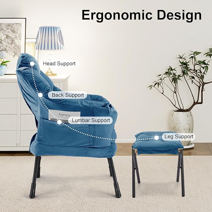 Lazy Chair with OttomanOversized Accent Chair with Thick Cushion Side PocketModern Lounge Arm Reading Chair and Folding Footrest for Living RoomBedroomOfficeDormApartment Blue
