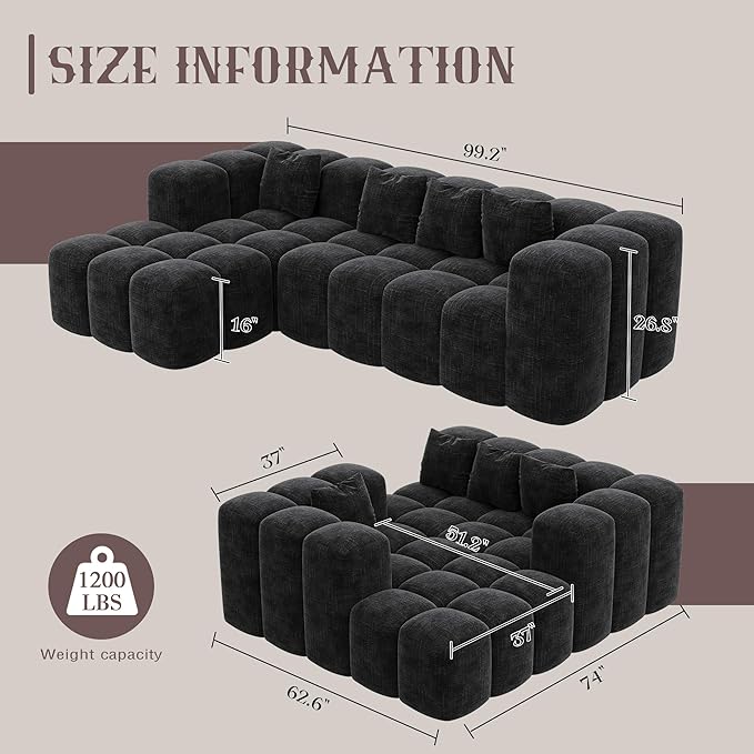 99.2 Cloud Sectional Couch Sofa for Living Room Modern Modular Sofa with Deep Seat Upholstered Boneless Couches with L-Shape Chaise No Assembly Required Black (Corduroy Fabric)