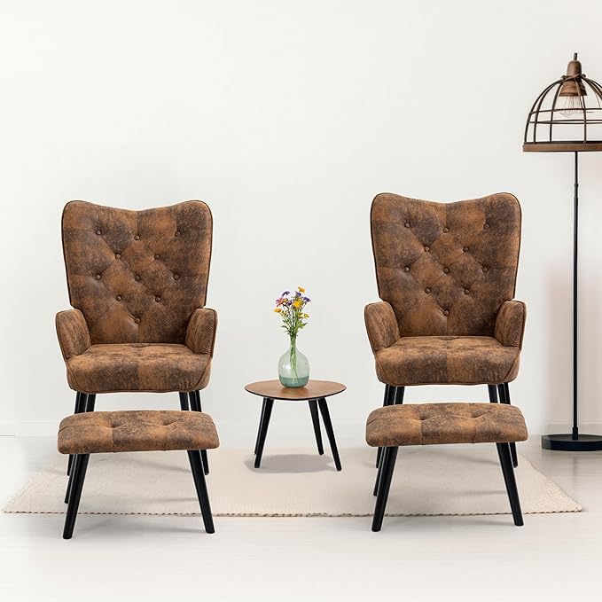 ECOTOUGE 2 Pieces Accent Chair with Ottoman Button Wingback Chair Wingback Leisure Single Sofa Arms Upholstered Tall Back Leather Chairs for Bedroom Brown (Anti-Skid Feet Caps)
