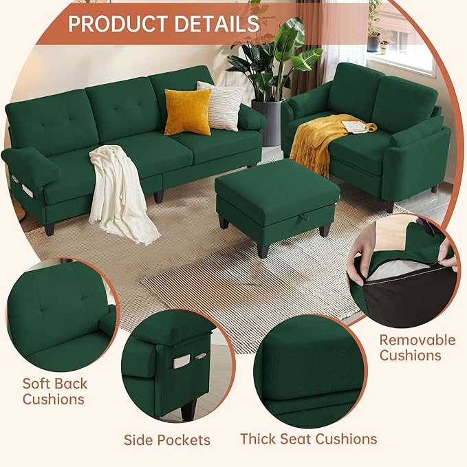 2 Pieces Sectional Sofa Set 79 3-Seat L Shaped Couches with Storage Ottoman and 59 Loveseat Sofa Set Polyester Fabric for Living Room Small Spaces Green