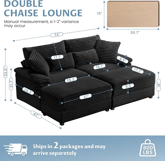 SUNWAVE 74 W Double Chaise Lounge Chair Indoor Oversized Loveseat with Storage Ottoman Corduroy Couch with USB Charging Removable Ottoman and Coffee Table Cushions for Living Room Bedroom