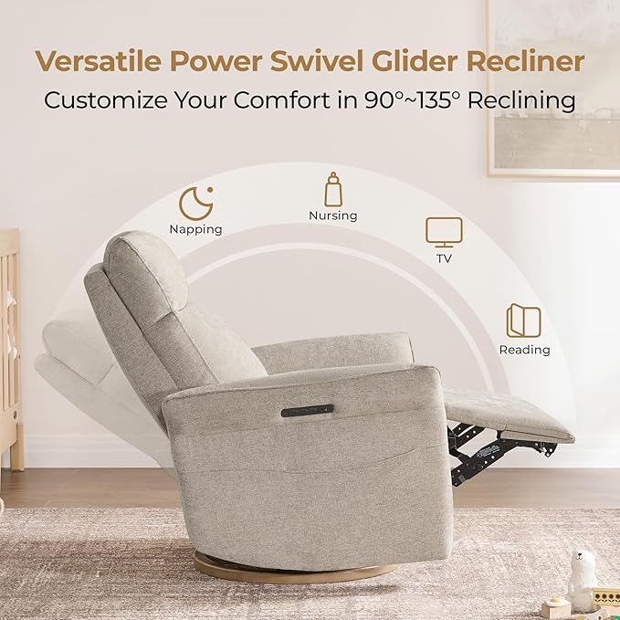 CHITA Power Recliner Chair Electric Triple-Motor Swivel Glider Nursery Rocking Chair with Adjustable Power Headrest and Lumbar Support GREENGARD Gold Certified Solid Wood Base Khaki Grey