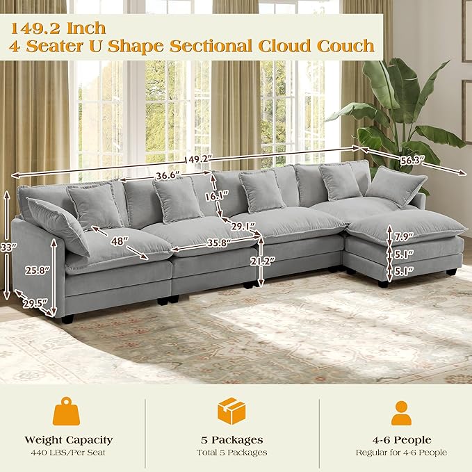 149.2 Modular Sectional SofaL Shaped Couch for Living RoomModern Deep Seat Sofa 4 Seater Chenille Fabric Comfy Cloud Couches with Throw Pillows &amp Movable Ottoman