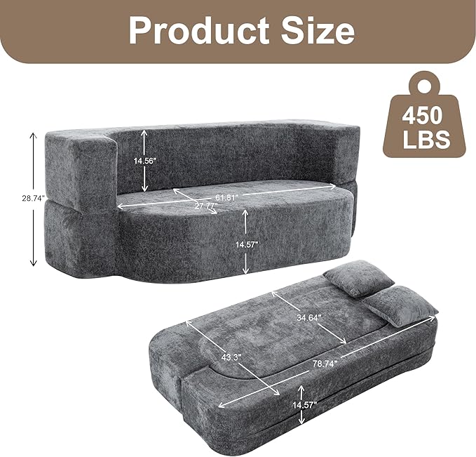 2 in 1 Convertible Sofa Bed 78.8 Modern Loveseat Sofa Couch Curved Folding Sleeper for Living Room Apartment Small Space No Assembly Required Grey