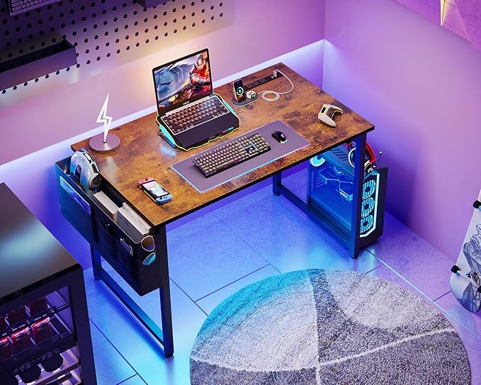 AODK 32 inch Small Computer Desk with Power Outlet for Small Spaces Home Office Student Laptop PC Writing Desks with Storage Bag Headphone Hook Vintage