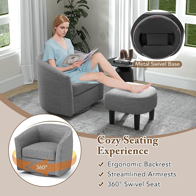 GOFLAME Swivel Barrel Chair with Ottoman Modern Linen Fabric Accent Chair with Footrest Curved Backrest Removable Seat Cushion Upholstered Club Tub Sofa Chair for Bedroom Living Room Grey