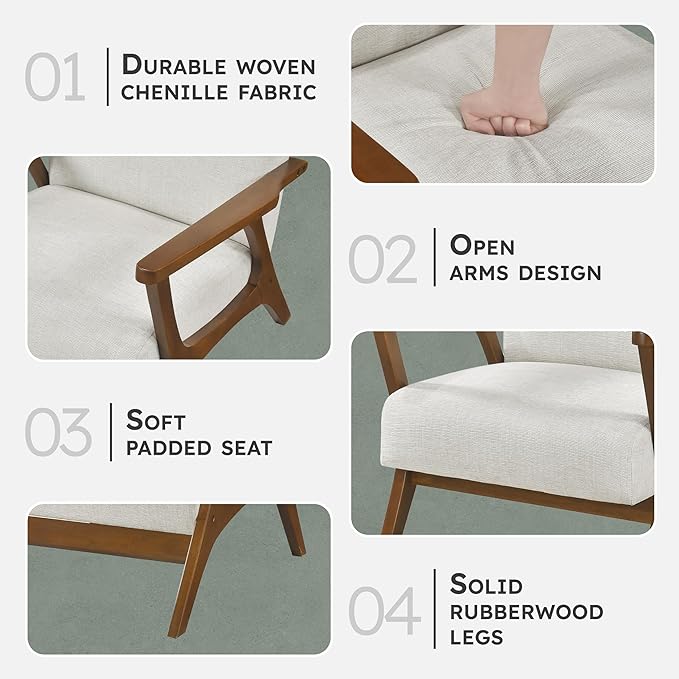 Lexicon Mid-Century Modern Accent Chair Woven Chenille Fabric Lounge Chair Chestnut Solid Wood Frame Wide Arm Rest and Cushioned Comfort for Living Room/Office/Bedroom/Reading Nook Beige