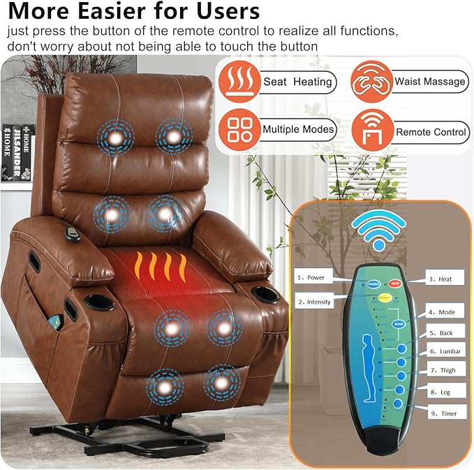 Faux Leather Electric Recliner Lift Chair with Massage and Heat for Elderly Adult Power Lift Recliners Chairs with Cupholders Side Pockets for Living Room Bedroom Lounge