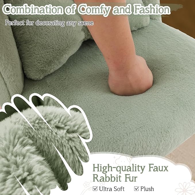 VINGLI Fluffy Girls Vanity Chair with Back &amp PillowCute Small Cozy Desk Chair No WheelsComfy Makeup Ch with Ajustable Gold Legsfor BedroomLiving RoomSmall SpaceGreen