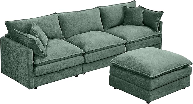 Cloud Couch Modular Sectional Sofa 102-Inch L-Shaped Chenille Fabric 3-Seater with Movable Ottoman Living Room Couch Set with Memory Foam Cushions (Mint Green L)