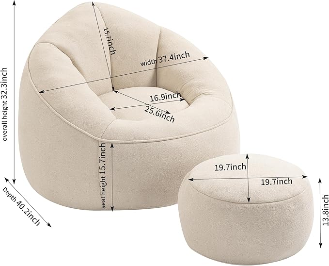 Small Bean Bag Chairs for Adults Single Sofa Chair with Ottoman Footrest Bean Bag Couch for Teens with Foam Filler Included Comfy Soft Lazy Sofa for Small Space/Living Room/Bedroom/Study