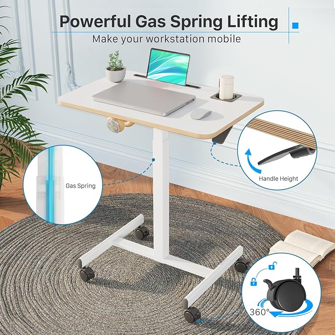 Mobile Standing Desk Rolling Laptop Table Adjustable Height with Cup Holder 28 inch Portable Cart Workstation with 4 Lockable Wheels White with Hook and Slots for Home Office