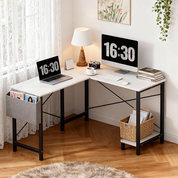 OLIXIS L Shaped Desk 50-Inch Office Computer Gaming Desks Corner PC Table with Side Bag and Reversible Shelf for Home Work Study Writing White