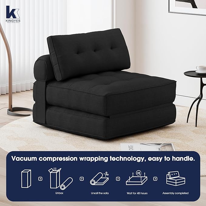 KINGYES Folding Chair Bed 3 in 1 Convertible Sleeper Chair with Pillow Foldable Futon Chair for Living Room Black
