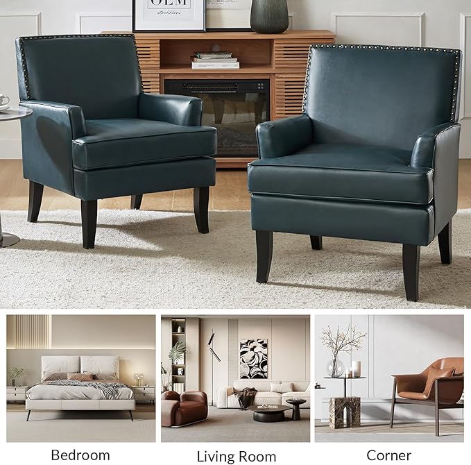 HULALA HOME Modern Faux Leather Accent Chair Comfy Upholstered Sofa Chair with Nailhead Trim Living Room Bedroom Armchair with Wood Legs Turquoise