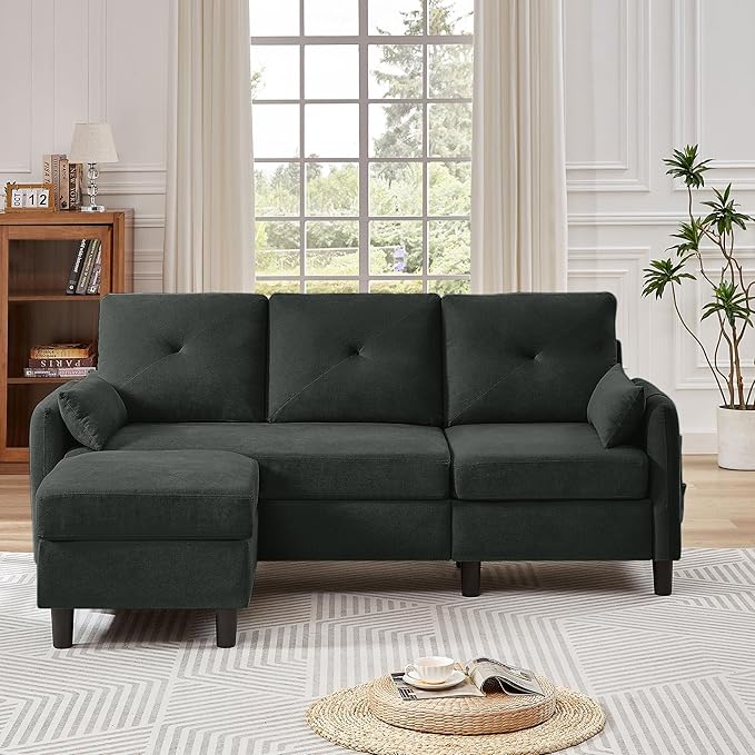 Convertible Sectional Sofa Modern Linen Fabric Sofa Couch with Reversible Chaise 3 Seat L-Shaped Couches for Living RoomOffice Small Apartment Black