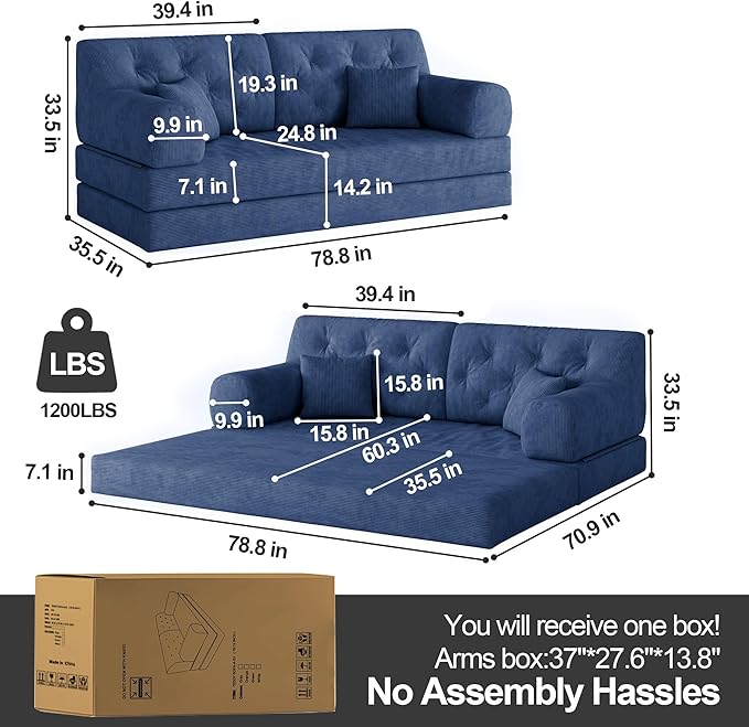 5-in-1 Folding Convertible Sofa Bed Loveseat Sleeper with Pull-Out Bed Floor Sofa Modular Futon Couch 79 Oversized Corduroy Upholstered Boneless Couch for Living Room Bedroom Lounge Blue-C