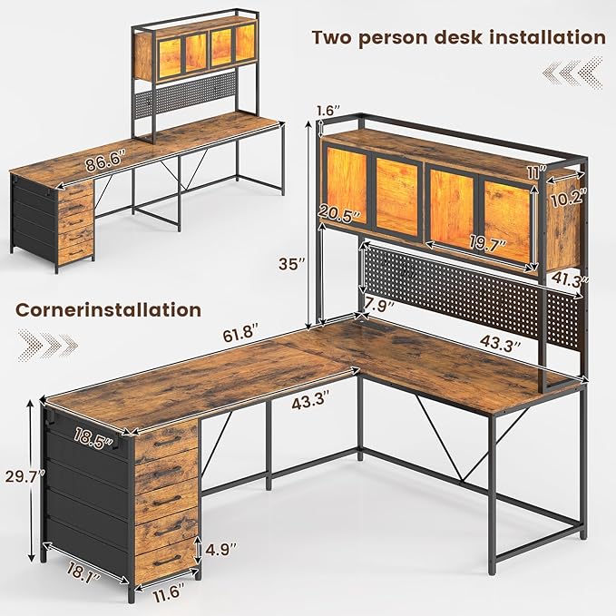 SEDETA L Shaped Gaming Desk with Drawers L Shaped Computer Desk with Hutch and Storage Shelves Gaming Desk with Pegboard Led Lights and Power Outlet Home Office Desk Corner Desk Rustic Brown