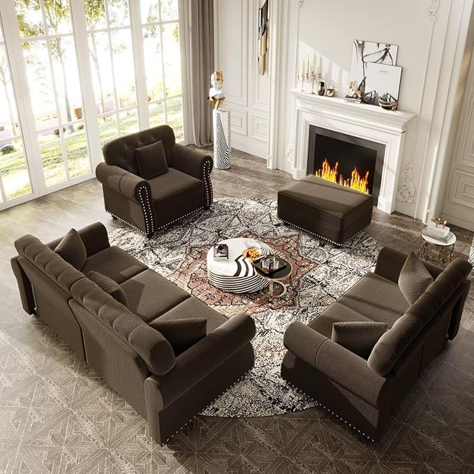 Mid-Century Modern Chesterfield Sofa Set Brown Velvet Tufted 1 Seater 2 Seater Loveseat 3 Seater Sofa with Ottoman Nailhead Trim &amp Rolled Arms Living Room Furniture