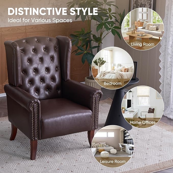 MOJAY PU Leather Accent Chair Mid-Century Living Room Sofa Chair Upholstered Arm Chair with Sturdy Wooden Legs Faux Leather Club Chair for Bedroom Study Home Office Reception (Caramel)