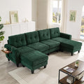 P PURLOVE Modern Sectional Sofa Couch Pull-Out Sofa Bed Versatile Sleeper with Two Movable Ottomans USB Ports and Side Tables for Living Room Apartment (Green)