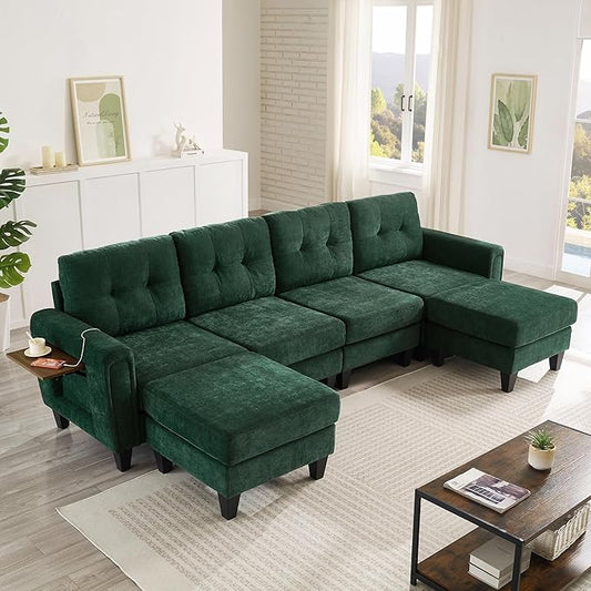 P PURLOVE Modern Sectional Sofa Couch Pull-Out Sofa Bed Versatile Sleeper with Two Movable Ottomans USB Ports and Side Tables for Living Room Apartment (Green)
