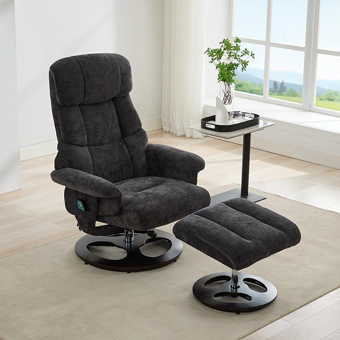 Elegant Chenille Massage Chair with 5 Point Vibration Massage360°Swivel Lounge Chair with OttomanDurable Structure Chaise Lounge with Adjustable Backrest For Living RoomOfficeStudyDark Gray