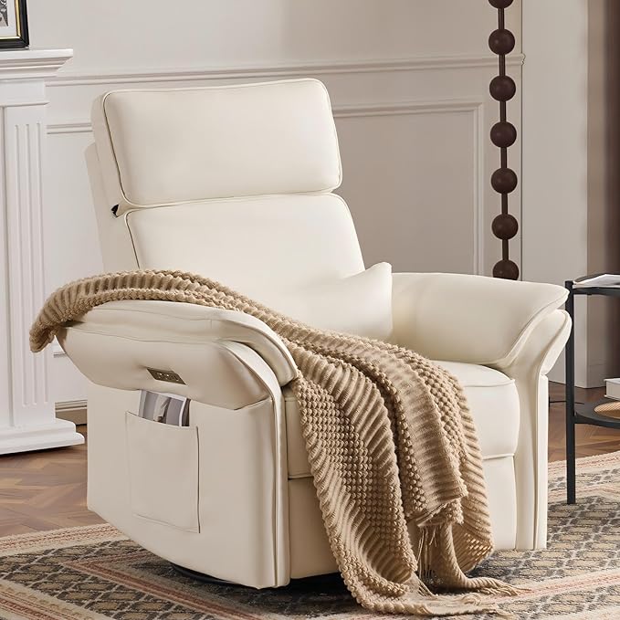 MELLCOM Power Recliner Rocking Chair Nursery Gliders with Adjustable Armrests and Headrest Swivel Electric Glider Reclining Nursing Chair with Storage Bags and USB Port FSC Certified(Beige Leather)