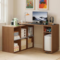 BLANKSPACE L-Shaped Computer Desk with 360° Swivel Desktop &amp 6 Open Shelves Corner Desk - Rotating Home Office Desk Yili Walnut