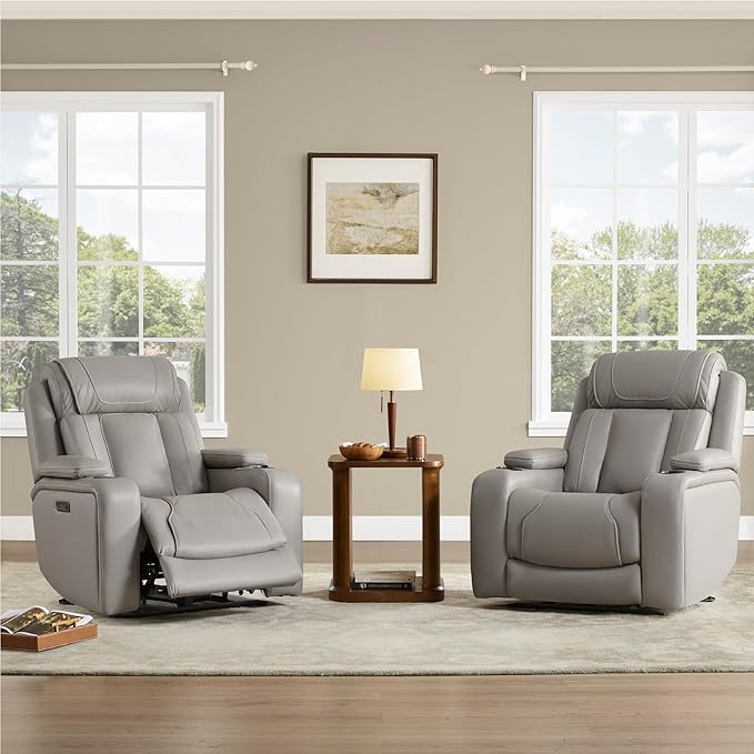 Watson &amp Whitely Super Zero Gravity Recliner Chair Oversized Genuine Leather Electric Recliner W Power Adjustable Headrest &amp Lumbar Support Hidden Storage for Living Room Light Grey