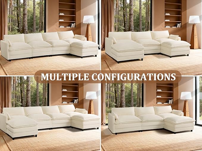 115'' Modular Sectional Sofa Comfy Cloud Couch with Movable Ottoman Deep Seat Corduroy Modular Sofa Sectional Couches for Living Room Bedroom and Apartment Beige