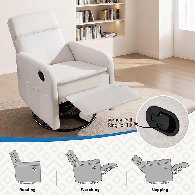 Swivel Rocking Recliner Chair for Adults Upholstered Fabric Glider Recliner Reclining Chair with Side Pockets and Double-Thick Cushion for Living Room Bedroom Nursery (Beige)