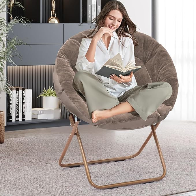 Comfy Saucer Chair Set of 2 Metal Frame Cozy Lounge Lazy Chair Folding Faux Fur Round Saucer Chair for Adults Foldable Papasan Moon Chair for Living Room Dorm Bedroom