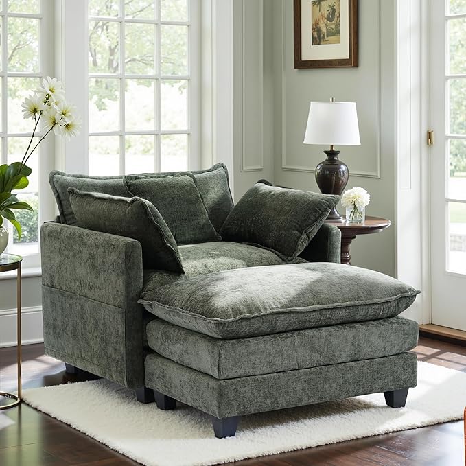 Oversized Accent Chair with OttomanChenille Sofa with Deep Seat and Upholstered Armrests Comfy Oversized ChairReading Chairs for BedroomLiving Room (Green)