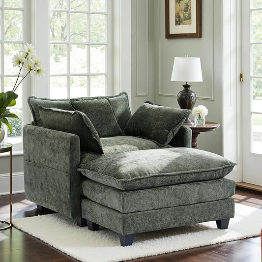 Oversized Accent Chair with OttomanChenille Sofa with Deep Seat and Upholstered Armrests Comfy Oversized ChairReading Chairs for BedroomLiving Room (Green)